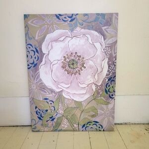 Green, blue, white, and purple flower canvas painting